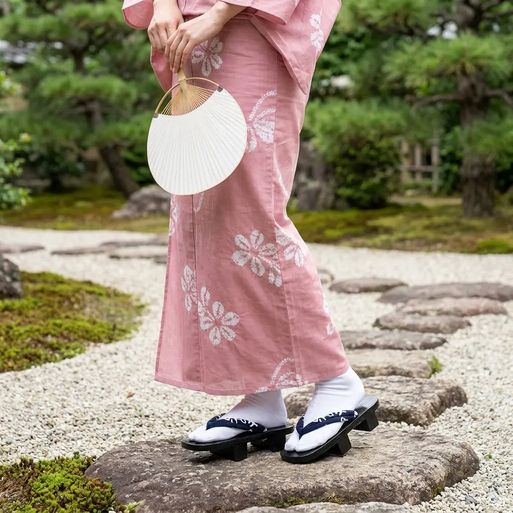 Sandal Japanese Man worn with a pink kimono in a Japanese garden