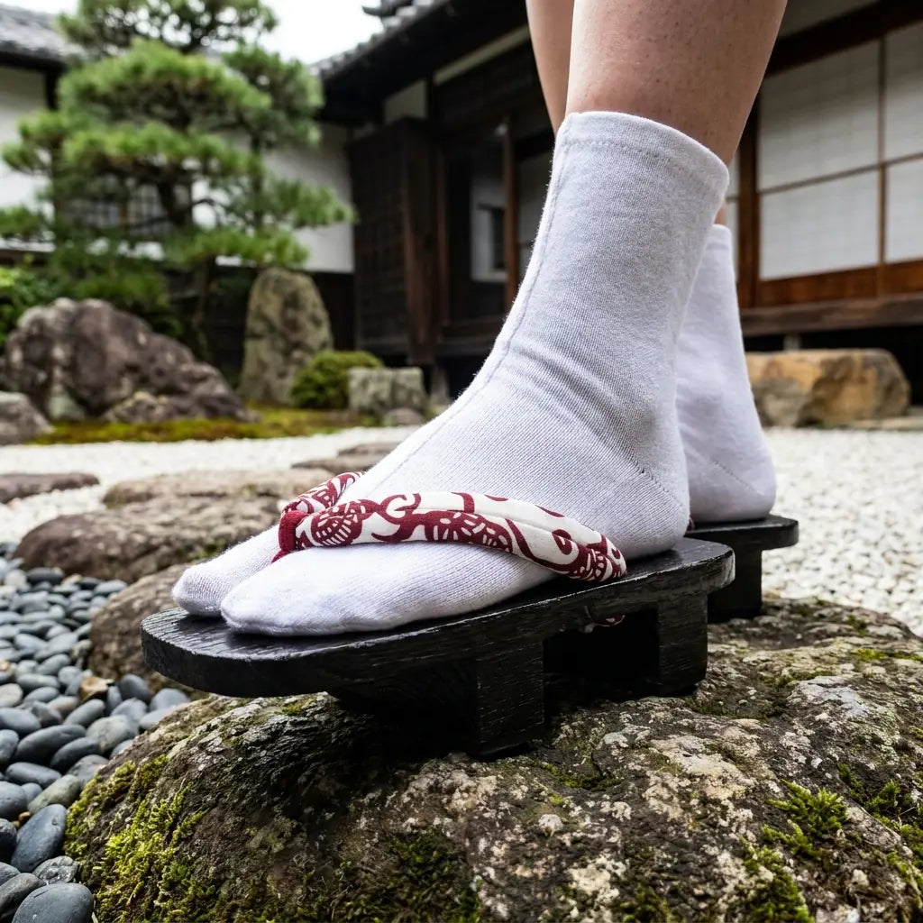 Close-up of the burgundy hanao strap with white floral vine motif on this Sandal Japanese Woman geta