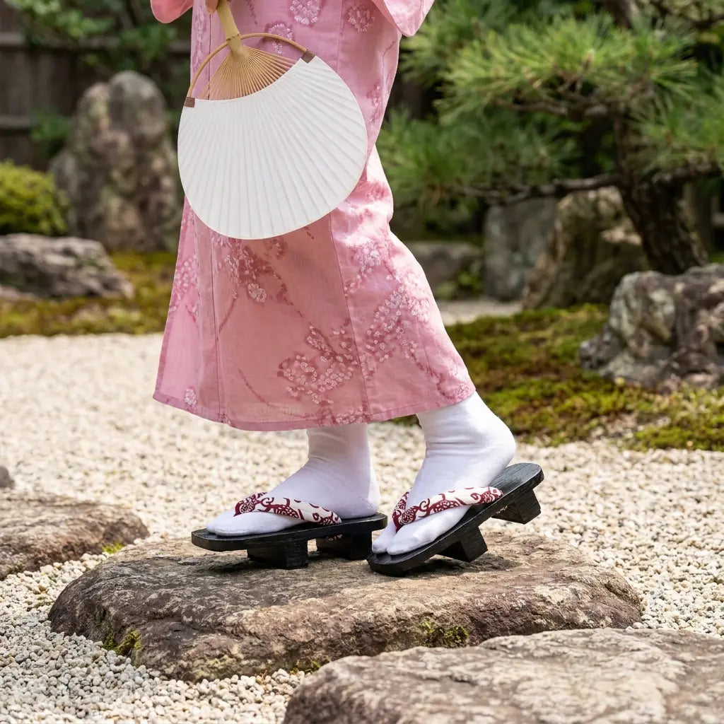 Sandal Japanese Woman worn with a pink kimono in a Japanese garden