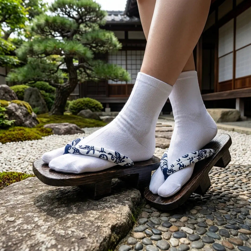 Sandal Japanese Wood with navy floral hanao strap in a garden setting