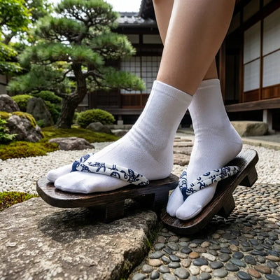 Sandal Japanese Wood with navy floral hanao strap in a garden setting