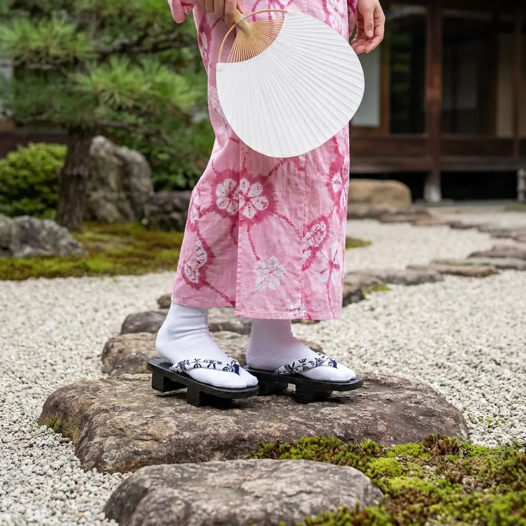 Sandal Japanese Wood worn with a pink kimono in a Japanese garden