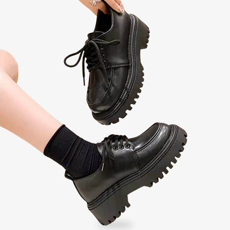 School uniform shoes Japanese in black with a 5cm platform, featuring rubber soles and faux leather for a classic, stylish look