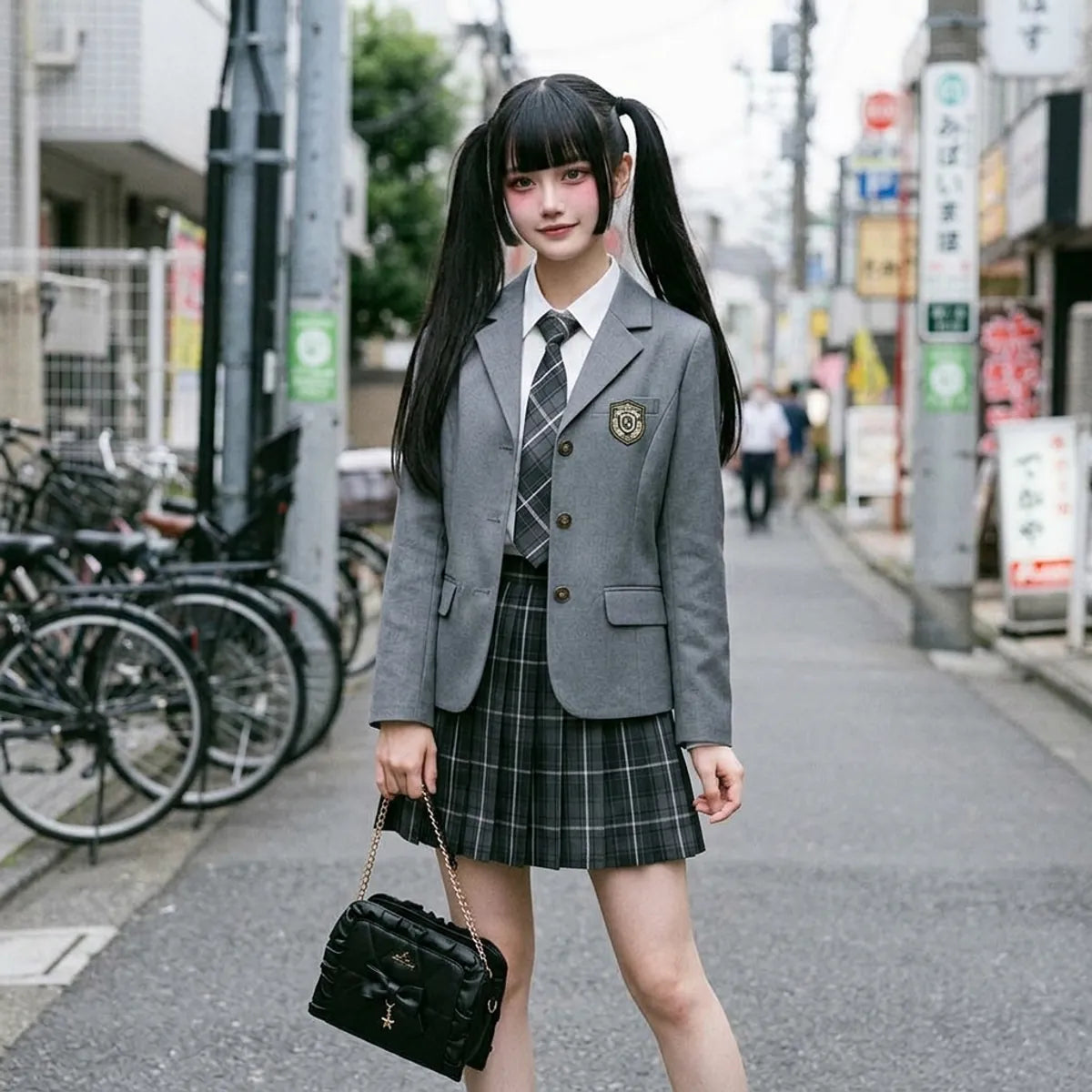 Grey blazer with crest patch worn over white shirt and plaid tie with matching pleated skirt