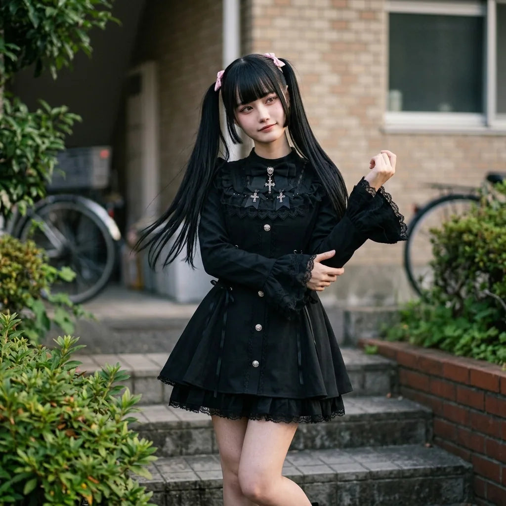The dark lolita dress on the steps of a Tokyo building, the flared sleeves hanging