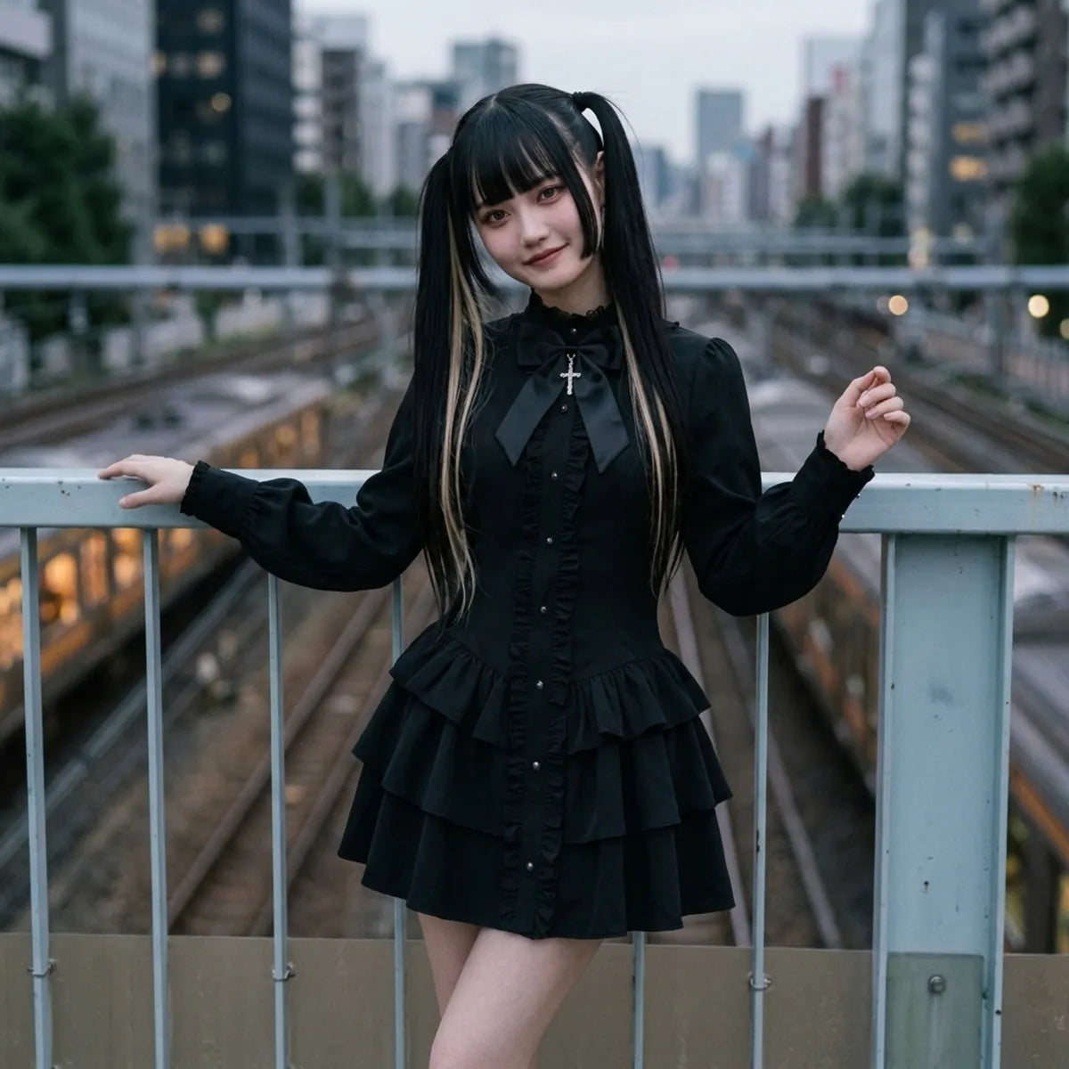 The Japanese gothic punk dress on a footbridge over a Tokyo railway line at dusk