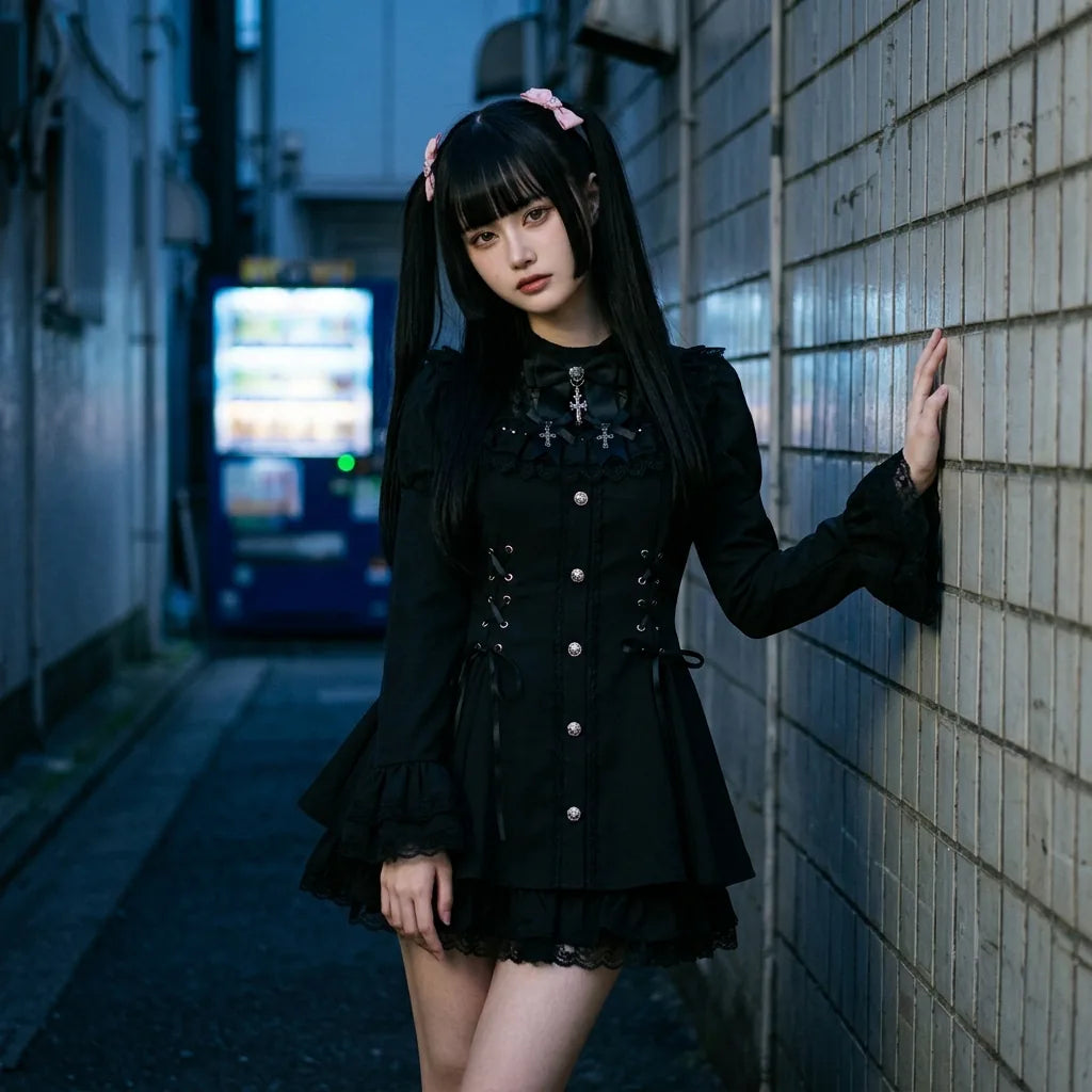 The dark lolita dress in a quiet Tokyo alley at dusk, one hand on the wall