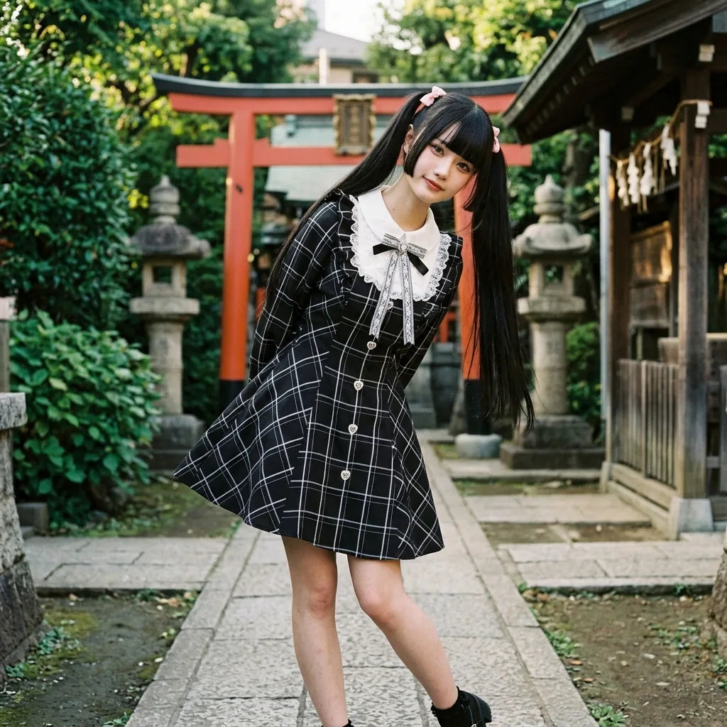 The fairy sweet dress worn on the approach to a Tokyo shrine, hands clasped behind the back