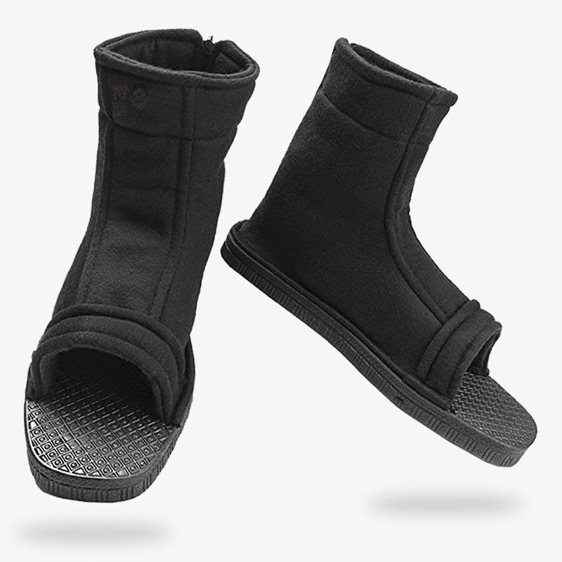 A paire of black Shinobi ninja shoes made for cosplay, offering a sleek and authentic style for Naruto-inspired costumes