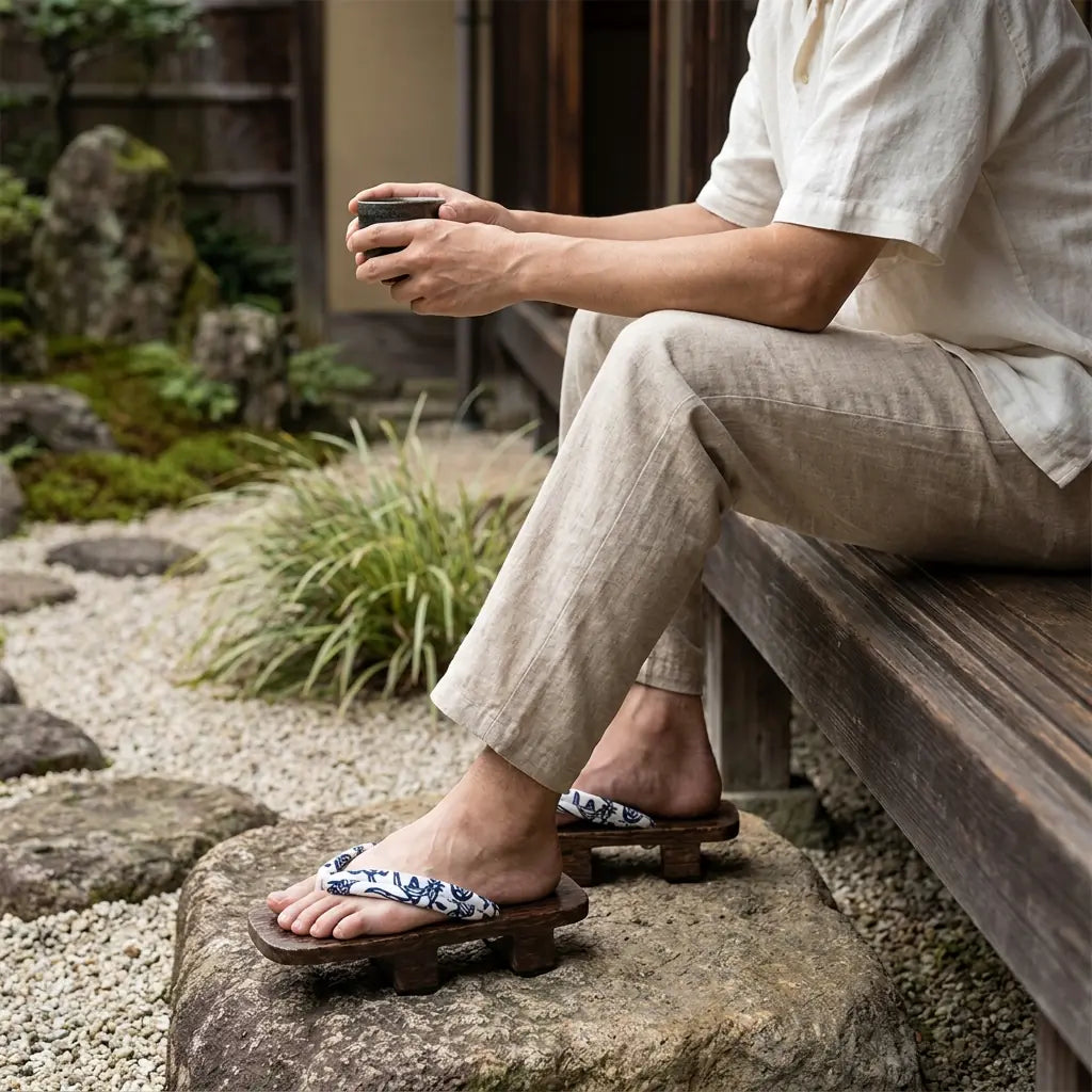 Shoe Japanese Wood worn with white tabi socks by a seated man in a Japanese garden