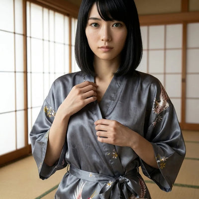 Back view of the short floral kimono robe showing the seasonal flower print
