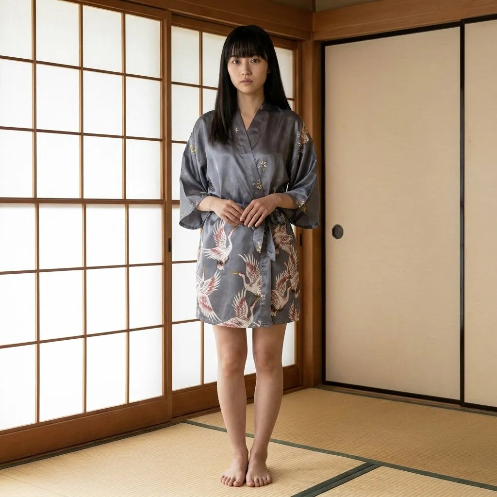 Short floral kimono robe with wide sleeves worn open over a light outfit