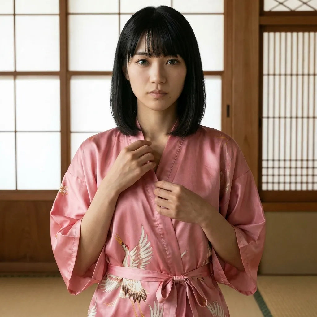 Back view of the short kimono robe showing haori-style layering and loose sleeves