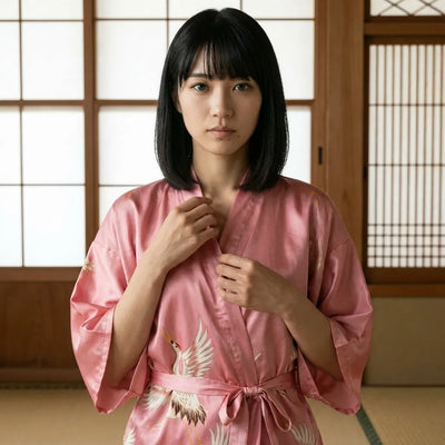 Back view of the short kimono robe showing haori-style layering and loose sleeves