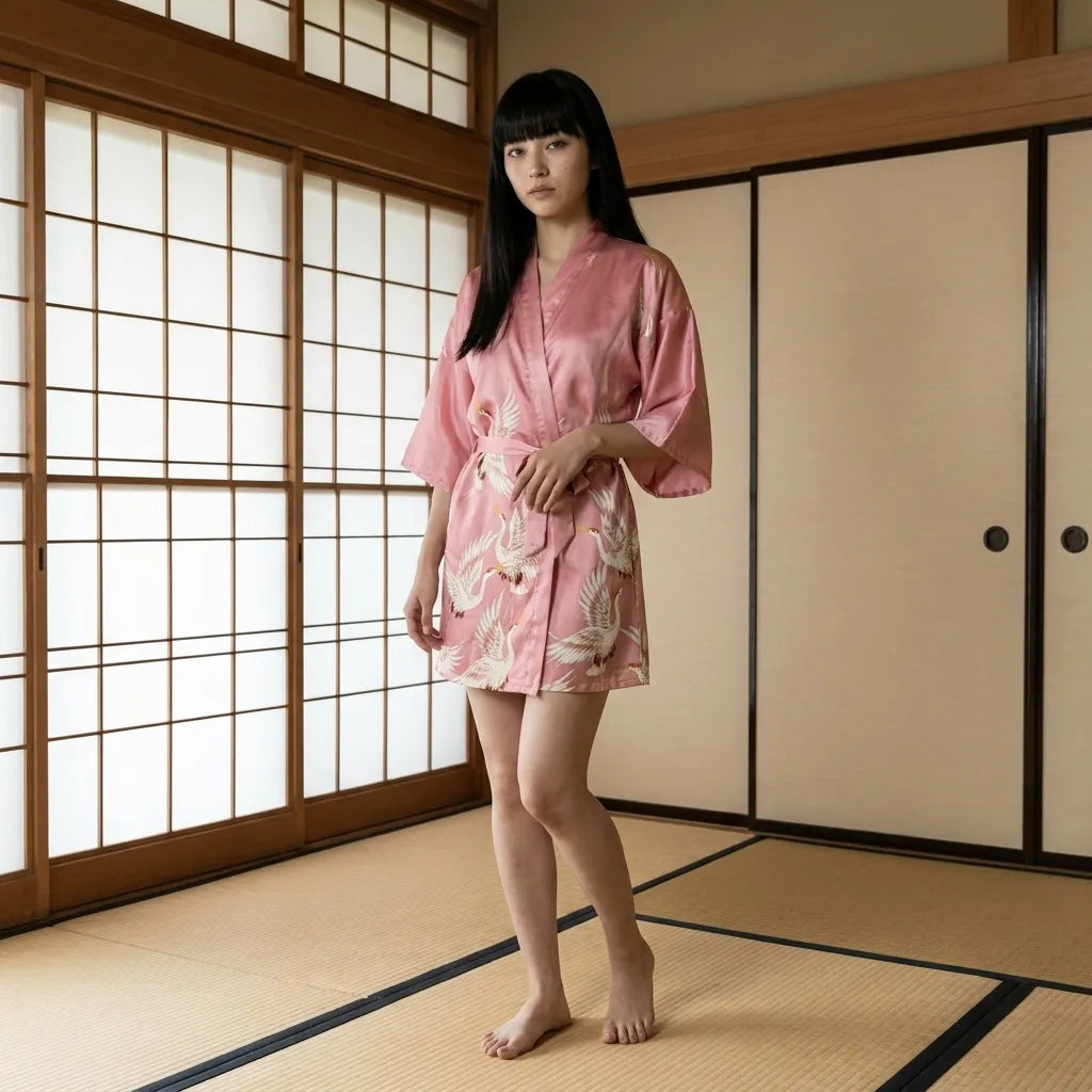 Short kimono robe women worn open over a simple outfit with wide sleeves