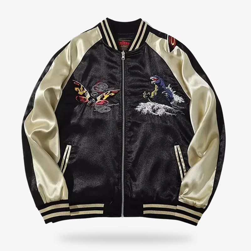 The signature souvenir jacket features iconic Japanese motifs, representing a blend of fashion and culture.