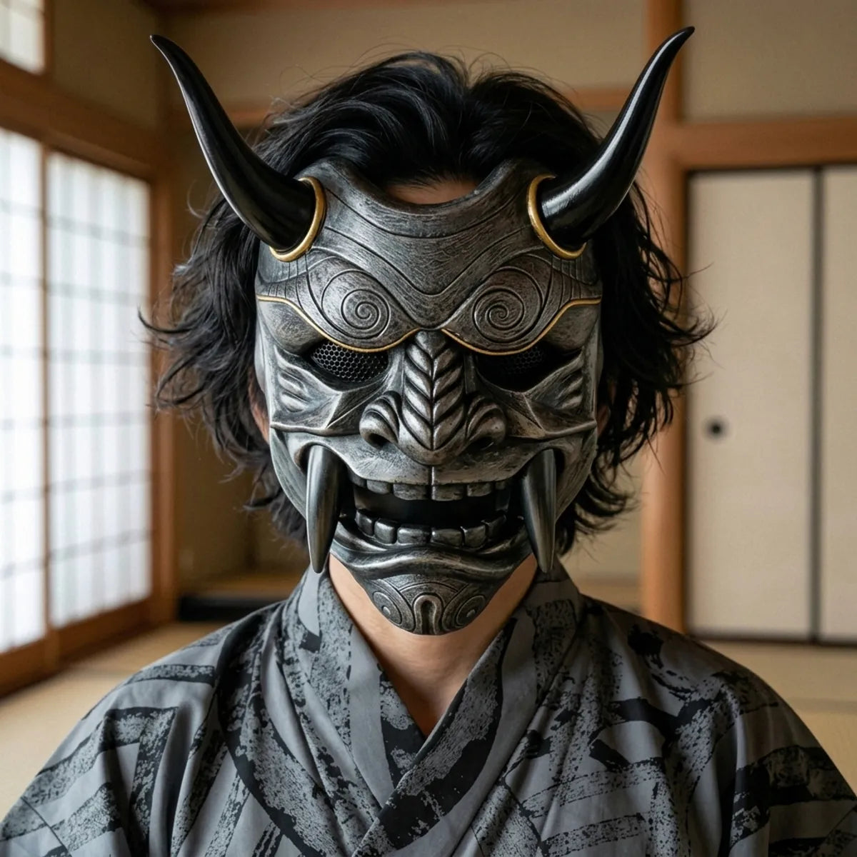 Close-up of the grey horned demon mask with gold rings and dark fangs, worn in a Japanese tatami room