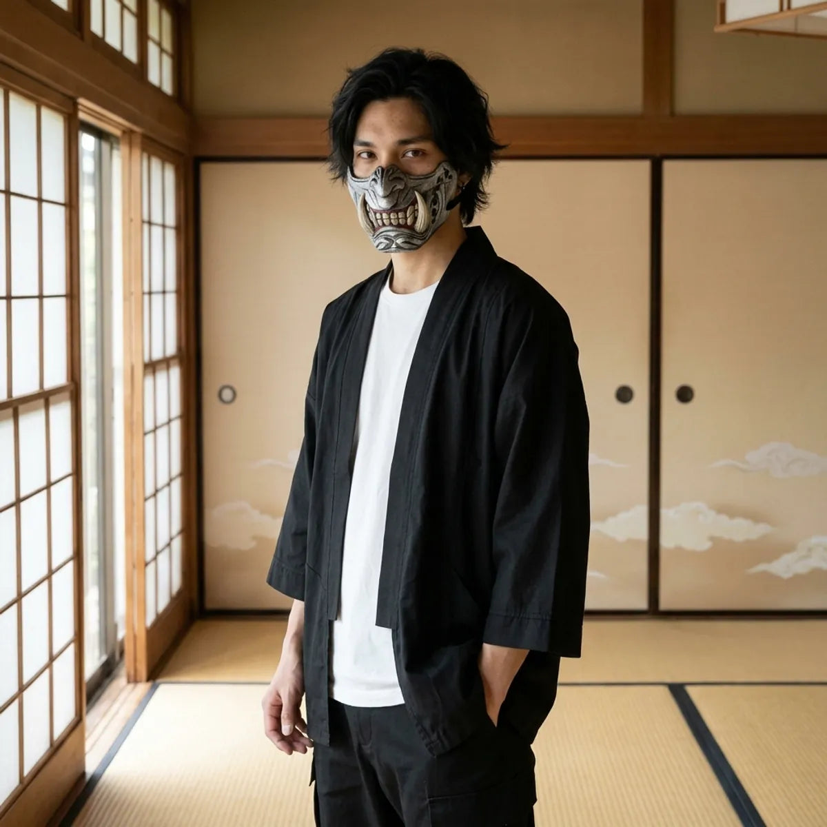 Silver oni half mask with ivory fangs worn in a Japanese tatami room