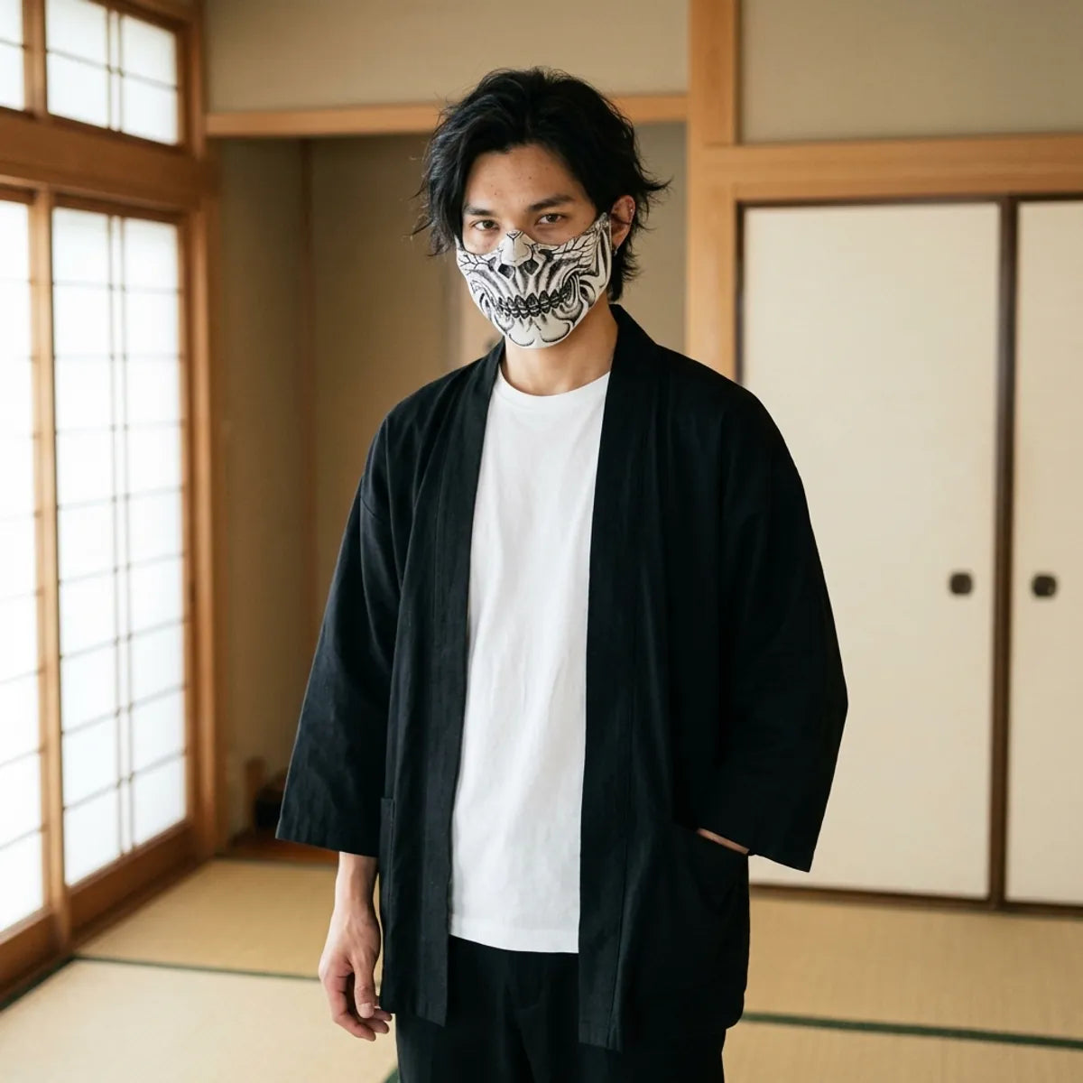 Skull half mask in cracked bone white worn in a Japanese tatami room