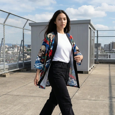 The skull wave haori photographed walking on a city rooftop.