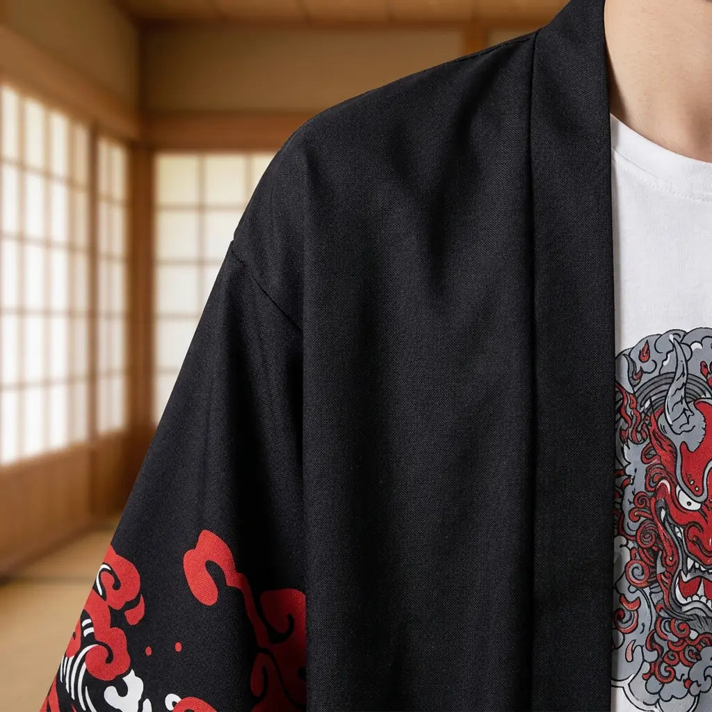 Close-up of the printed fabric and sleeve of a haori black