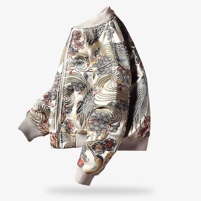 This souvenir bomber jacket is a white sukajan jacket with Japanese embroidery.