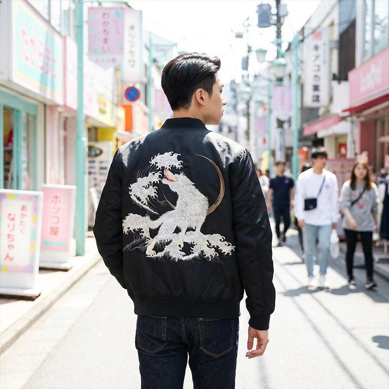 Man wearing a black bomber jacket embroidered with a white wolf design on a Japanese street.