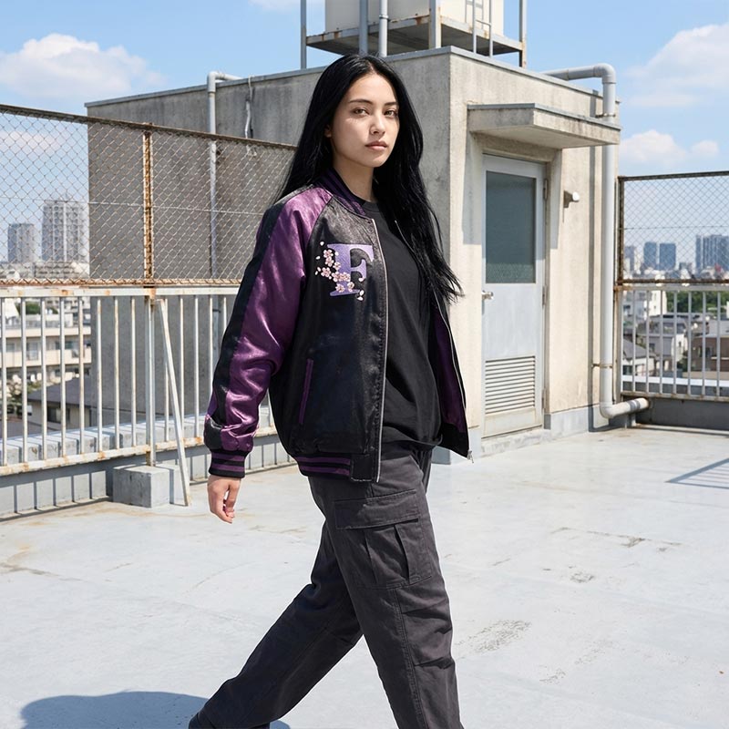 Woman wearing a souvenir jacket purple on a Japanese school rooftop with Tokyo background