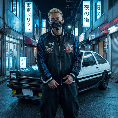 Person in a black Souvenir Jacket with japanese Kirin designs standing in front of a car on a Tokyo neon-lit street.