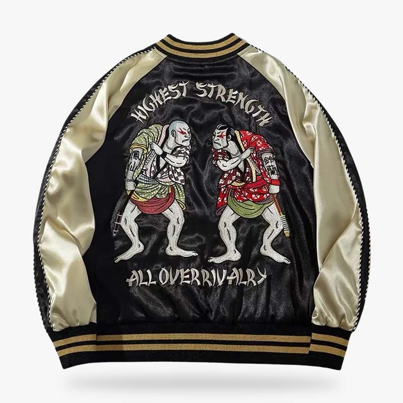Souvenir jacket vintage style featuring a back design of two sumo wrestlers about to face off, embroidered in a traditional ukiyo-e art style.