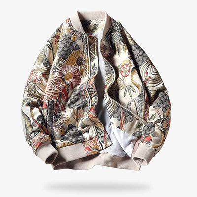 This souvenir jacket is white with Japanese embroidery.