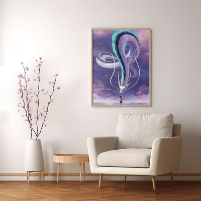 Magnificent spirited away painting representing Haku character transformed in dragon and chihiro ogino. The painting is in a wooden frame displayed in a minimalist Japanese living room.