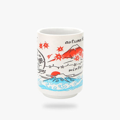 The Starbucks Mount Fuji mug showcases a vibrant blue depiction of Mount Fuji, blending modern branding with traditional Japanese artistry