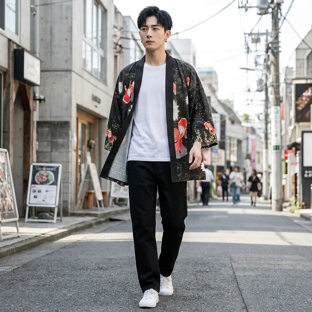 Man wearing a street haori in a Harajuku street in Tokyo, front view