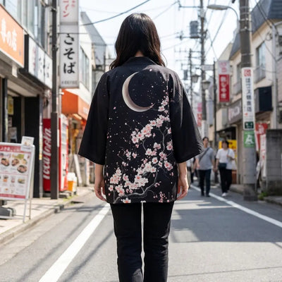Woman seen from behind wearing a moon kimono in a Harajuku street