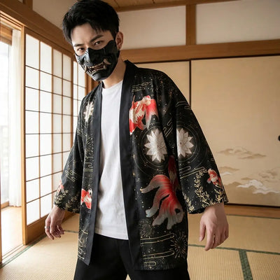 Man wearing a street haori in a Japanese washitsu room with shoji screens, waist-up front view