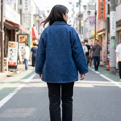 Woman seen from behind wearing a blue haori in a Harajuku street