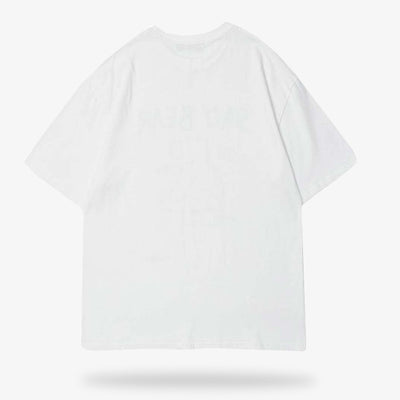 This cotton outfit is a white Japanese streetwear t-shirt.