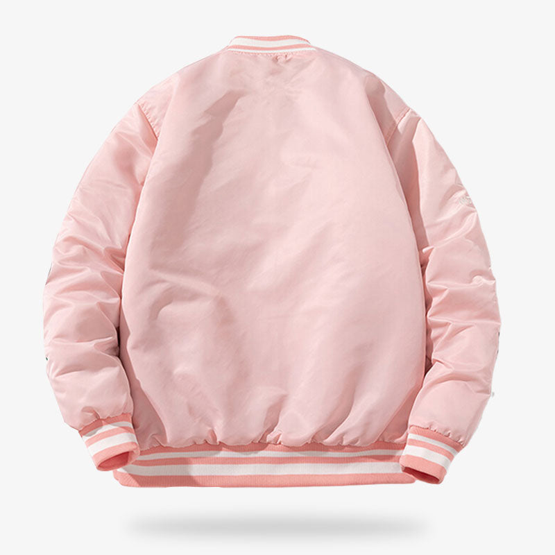 A pink Sukajan baseball jacket with striped collar