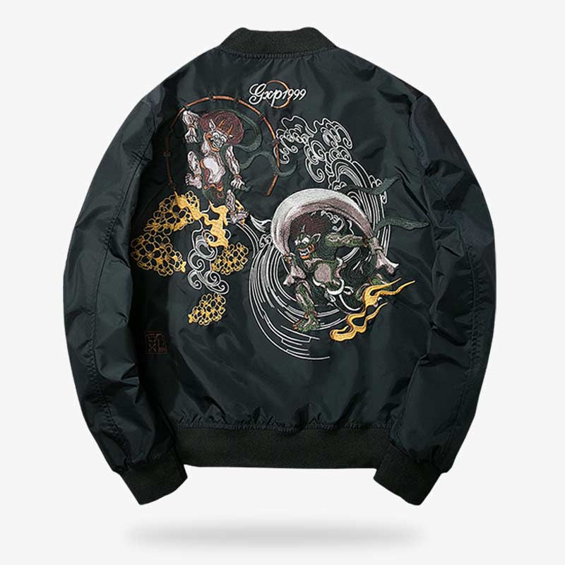 This Japanese coat is a sukajan bomber. Symbols of Japanese gods are embroidered on the fabric of the long-sleeved jacket.