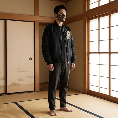Man standing in a traditional Japanese room with tatami mats and sliding doors. And wearing a Sukajan Dragon Gold and a samurai oni mask hiding is face