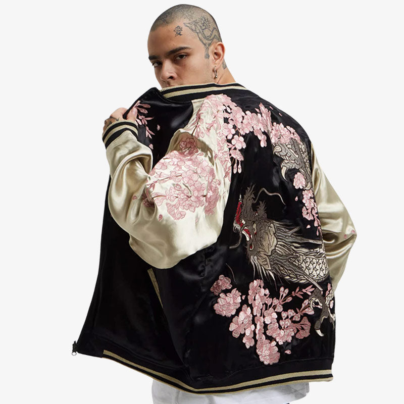 Sukajan jacket dragon edition showcasing an embroidered dragon, symbolizing strength and power in Japanese culture