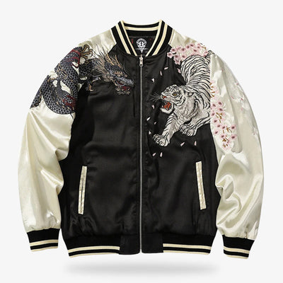 This vintage sukajan jacket features intricate embroidery and traditional Japanese patterns with japanese dragon and tiger, inspired by retro styles.