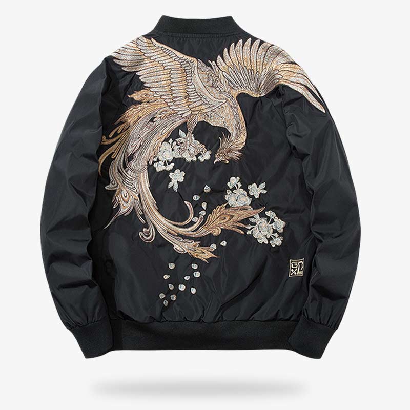 This Japanese bomber jacket is a sukajan phoenix with embroidery on the back.