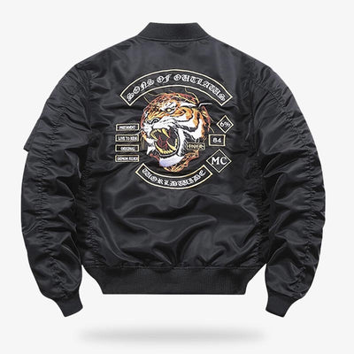 A Japanese sukajan tiger jacket in black. It's a long-sleeved japanese bomber