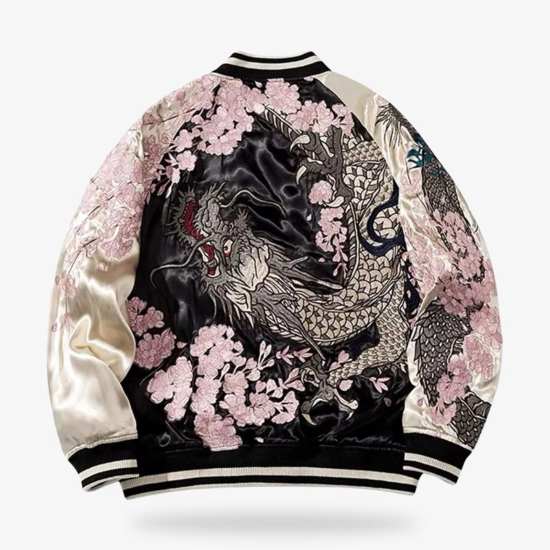 Sukajan with dragon design featuring a bold and intricate Asian dragon motif, blending traditional Japanese symbolism with modern streetwear.