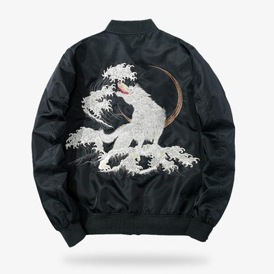 Unleash your wild side with the Sukajan wolf jacket, where intricate designs meet fierce animal motif.  The wolf bomber is a black sukajan jacket with a Japanese Kanagawa wave motif.