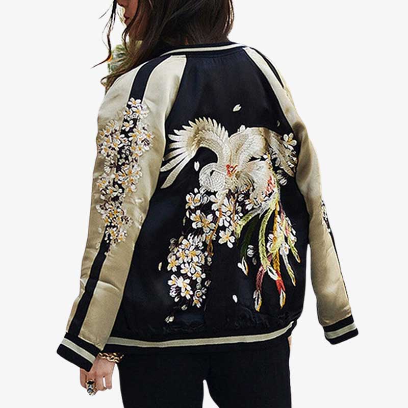 This sukajan women jacket is a Japanese women's bomber in black with phoenix embroidery.