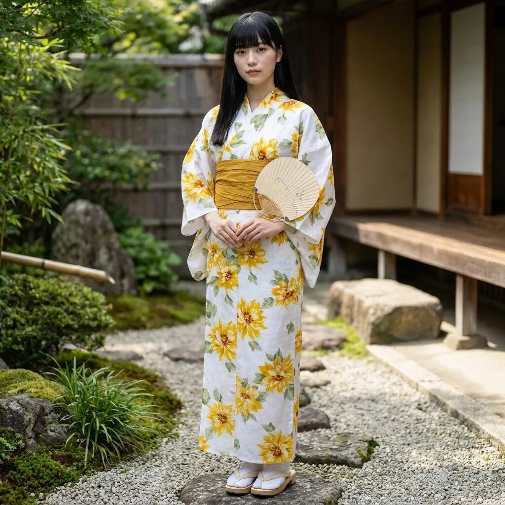 Back view of the yellow sunflower summer yukata showing the wrap silhouette and floral print