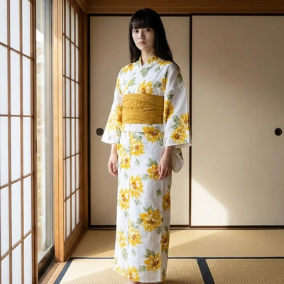 Sunflower yukata dress with large yellow himawari flowers on a light base